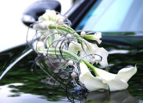 Décoration de voiture de mariage – Arums blancs et structure moderne Décoration florale de capot de voiture avec arums blancs et structure filaire, fleuriste mariage Lille.