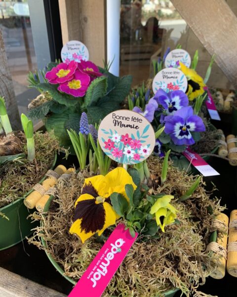 Coupe printanière de pensées jaunes et violettes – Étiquette décorative Détail d'une coupe fleurie avec pensées jaunes et violettes, étiquette en bois Bonne fête Mamie, Openflor Lille.
