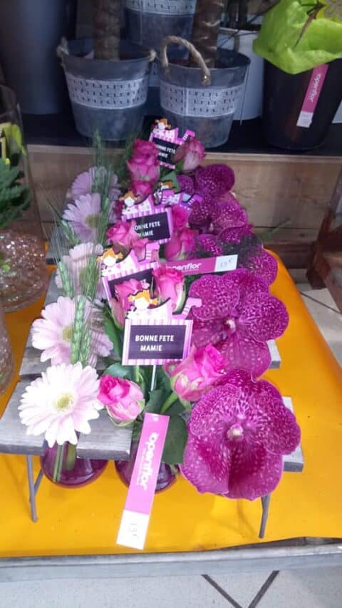 Centre de table avec soliflores sur support en bois – Orchidée Vanda, rose et gerbera Support décoratif en bois avec soliflores contenant une orchidée vanda violette, rose et gerbera clair, Openflor.