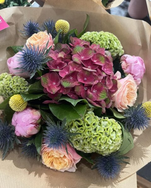 Bouquet généreux – Hortensias roses, célosie et chardons Bouquet généreux d'hortensias roses, célosie verte et chardons bleus, Openflor métropole lilloise.