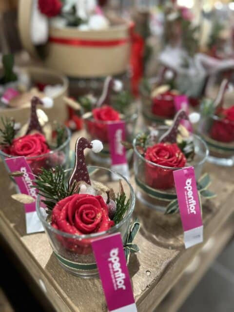 Mini coupes de Noël – Rose rouge et lutin décoratif Mini coupes en verre décoratives avec rose rouge et petit lutin en bois pour Noël, Openflor.